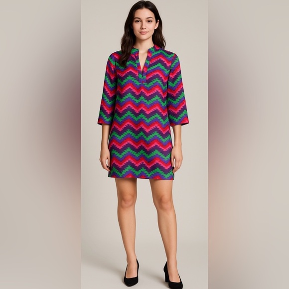 Bianca Colette Colorful Silk Zigzag Pattern Mod Retro Festival Party Dress - Picture 1 of 9